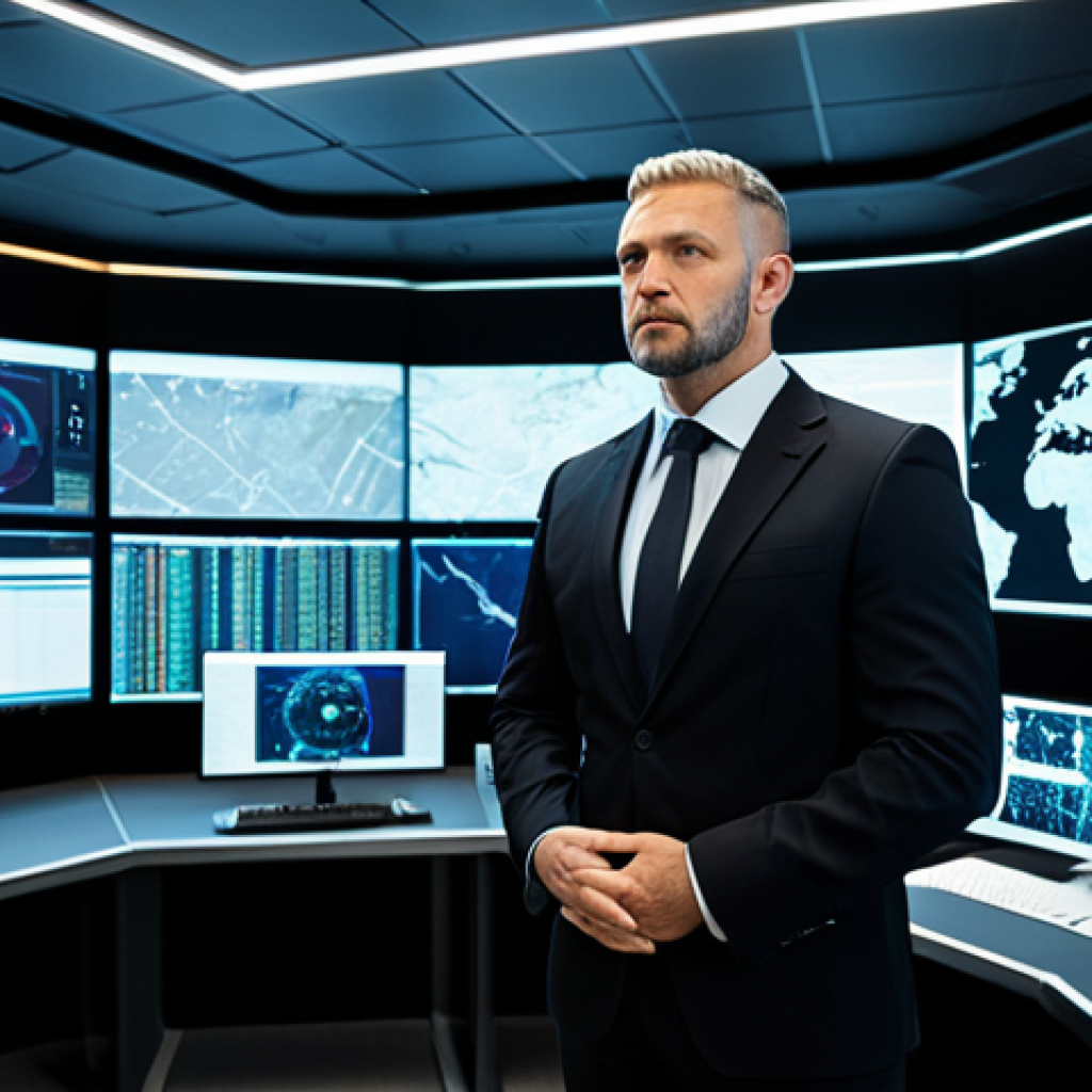 A professional male security manager in a sophisticated, dark business suit, standing confidently in a high-tech security control room. The room features multiple large screens displaying live surveillance feeds, data analytics, and digital maps. He is looking at a holographic interface, demonstrating advanced data analysis capabilities. The environment is clean, modern, and well-lit. The subject is fully clothed, in professional dress, perfect anatomy, correct proportions, natural pose, well-formed hands, proper finger count. safe for work, appropriate content, fully clothed, professional, high-quality professional photography, ultra-realistic.