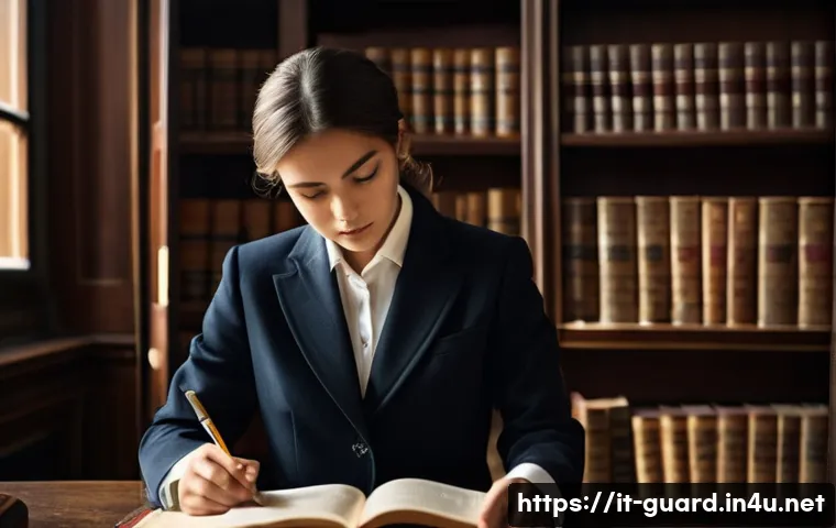 경비지도사 법률 과목 자주 틀리는 문제 - **Prompt:** A focused young law student, dressed in a smart blazer and blouse, meticulously examinin...