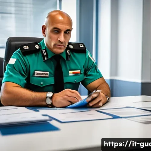 경비지도사 자격증 유지 방법 - A professional private security guard in formal uniform with a badge, sitting at a modern desk surro...