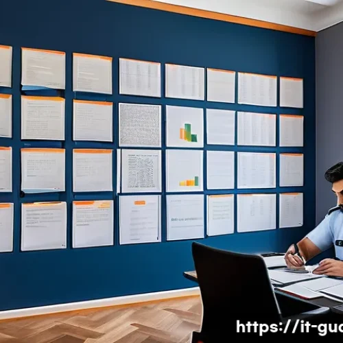 경비지도사 시험 과목별 공부법 - A professional security guard study scene in a modern Italian home office: a young adult wearing a n...