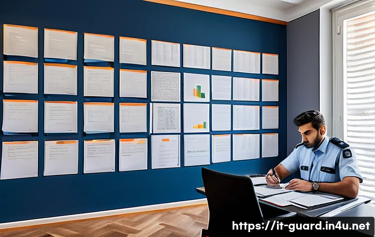 경비지도사 시험 과목별 공부법 - A professional security guard study scene in a modern Italian home office: a young adult wearing a n...