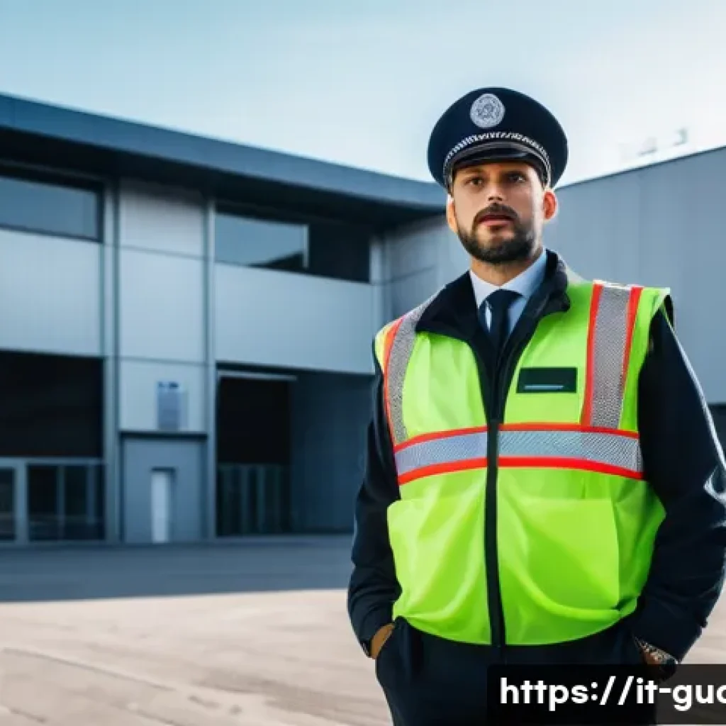 경비지도사 이직 성공 전략 - A professional Italian security guard in full uniform, wearing a protective vest and carrying a port...