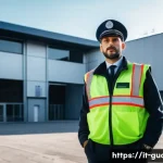 경비지도사 이직 성공 전략 - A professional Italian security guard in full uniform, wearing a protective vest and carrying a port...