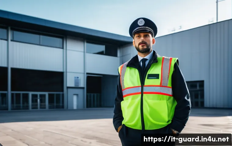 경비지도사 이직 성공 전략 - A professional Italian security guard in full uniform, wearing a protective vest and carrying a port...