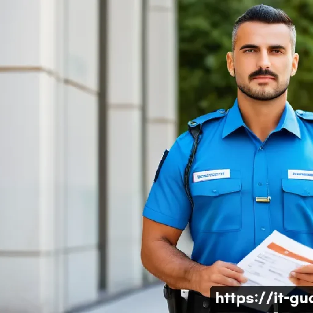 경비지도사 자격증 갱신 방법 - A professional Italian security guard in a neat uniform standing confidently in front of a modern go...