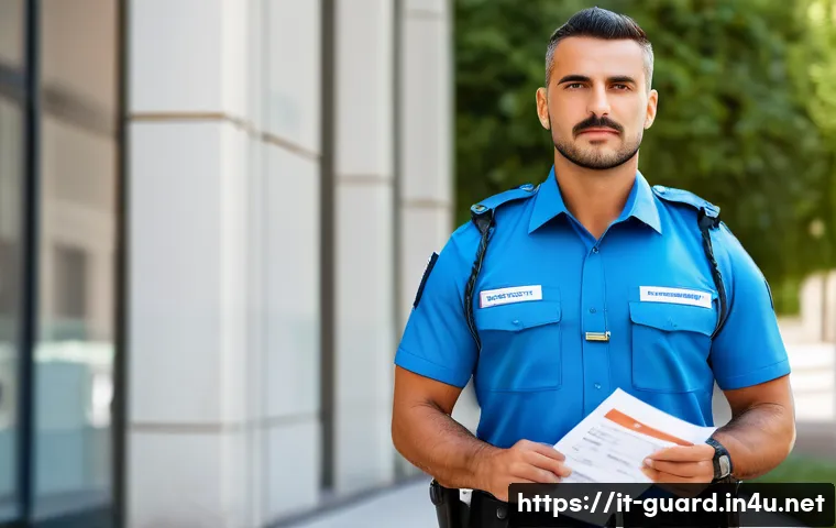경비지도사 자격증 갱신 방법 - A professional Italian security guard in a neat uniform standing confidently in front of a modern go...