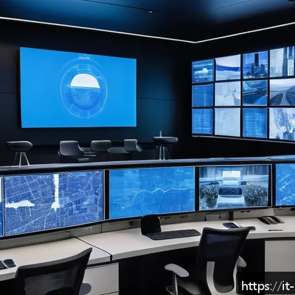 경비지도사와 관련된 기술 발전 - A futuristic urban surveillance control room in Milan, featuring multiple large digital screens disp...