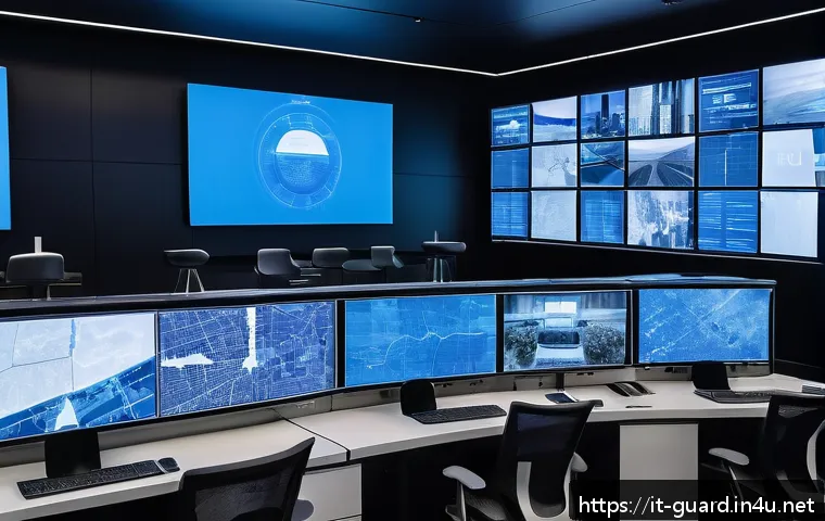 경비지도사와 관련된 기술 발전 - A futuristic urban surveillance control room in Milan, featuring multiple large digital screens disp...