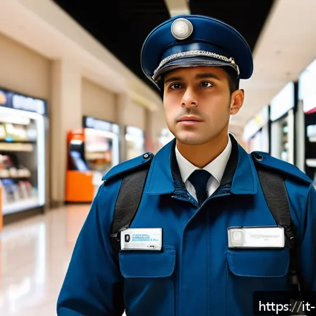 경비지도사 현장 업무 체크리스트 - A professional security guard in a modern Italian shopping mall corridor, wearing a neat uniform wit...
