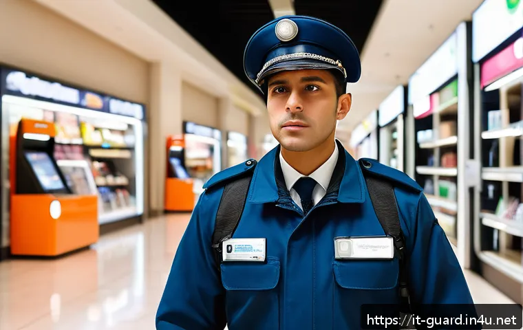 경비지도사 현장 업무 체크리스트 - A professional security guard in a modern Italian shopping mall corridor, wearing a neat uniform wit...