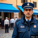 Home 20 경비지도사 자격증으로 할 수 있는 일 - A professional Italian security guard in uniform standing confidently at a large outdoor cultural ev...