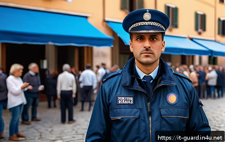 경비지도사 자격증으로 할 수 있는 일 - A professional Italian security guard in uniform standing confidently at a large outdoor cultural ev...