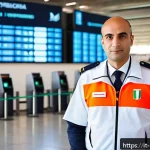 Home 19 경비지도사 자격증으로 전문성 높이기 - A professional security guard in a modern Italian airport terminal, wearing a neat uniform with visi...