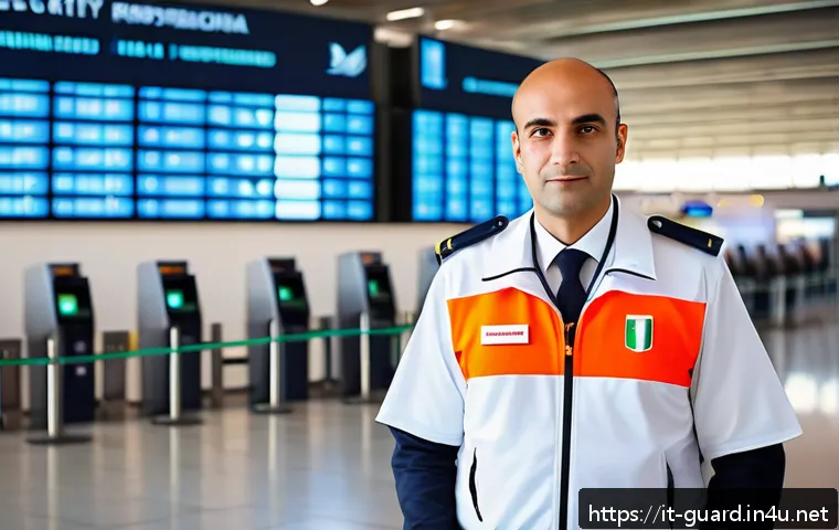 경비지도사 자격증으로 전문성 높이기 - A professional security guard in a modern Italian airport terminal, wearing a neat uniform with visi...