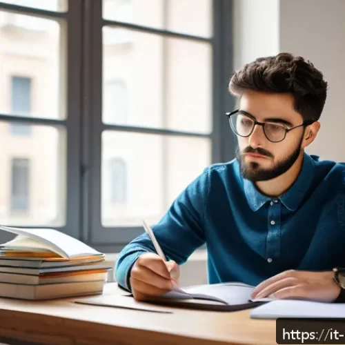 Home 30 경비지도사 시험에서 실수 줄이는 법 - A focused Italian adult student sitting at a tidy desk in a bright, quiet room with natural daylight...