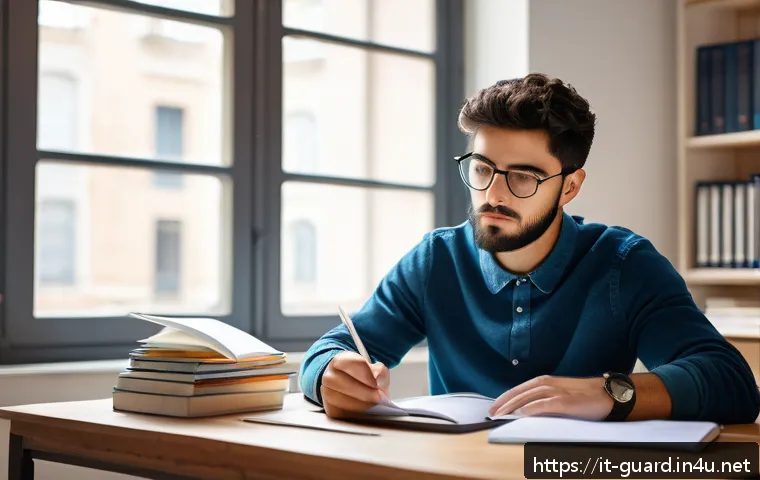 경비지도사 시험에서 실수 줄이는 법 - A focused Italian adult student sitting at a tidy desk in a bright, quiet room with natural daylight...