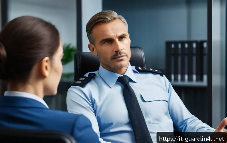 경비지도사 실무 중 발생한 민원 사례 - A professional private security officer calmly mediating a conflict between a client and a third par...