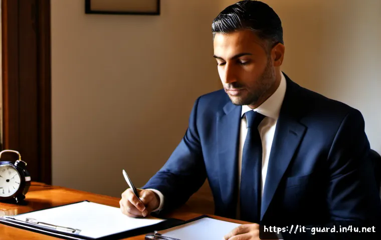 경비지도사 면접 준비 팁 - Photorealistic Italian job candidate preparing for a private security professional interview, seated...