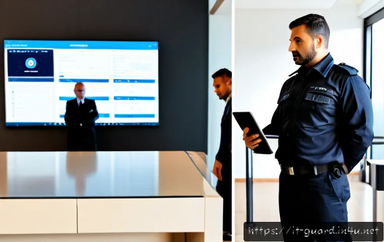 경비지도사와 보안 관리 차이 - Photorealistic split-scene comparison in a modern Italian office building: on the left, a profession...